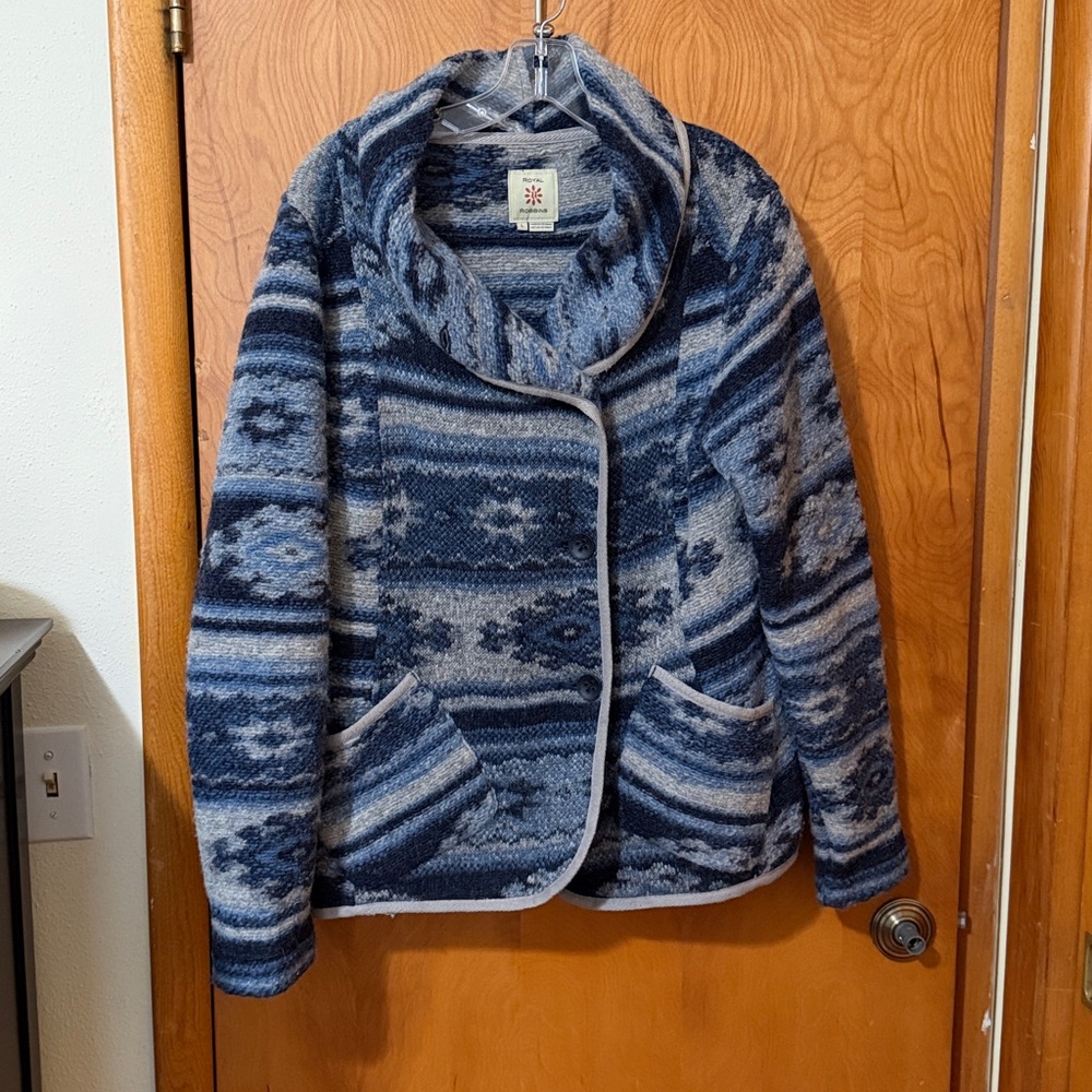 Royal Robbins Blue and Gray wool blend sweater Jacket size large western boho